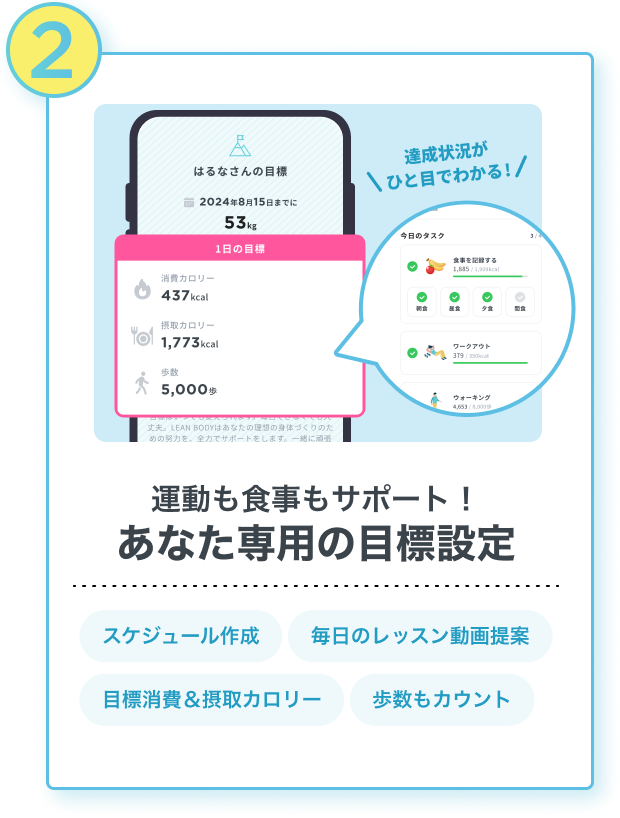 運動も食事もサポート！
                                あなた専用の目標設定