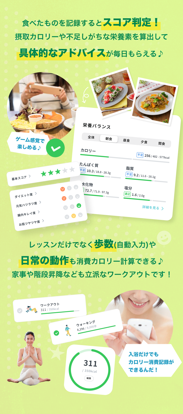 食べたものを記録するとスコア判定！摂取カロリーや不足しがちな栄養素を算出して具体的なアドバイスが毎日もらえる♪