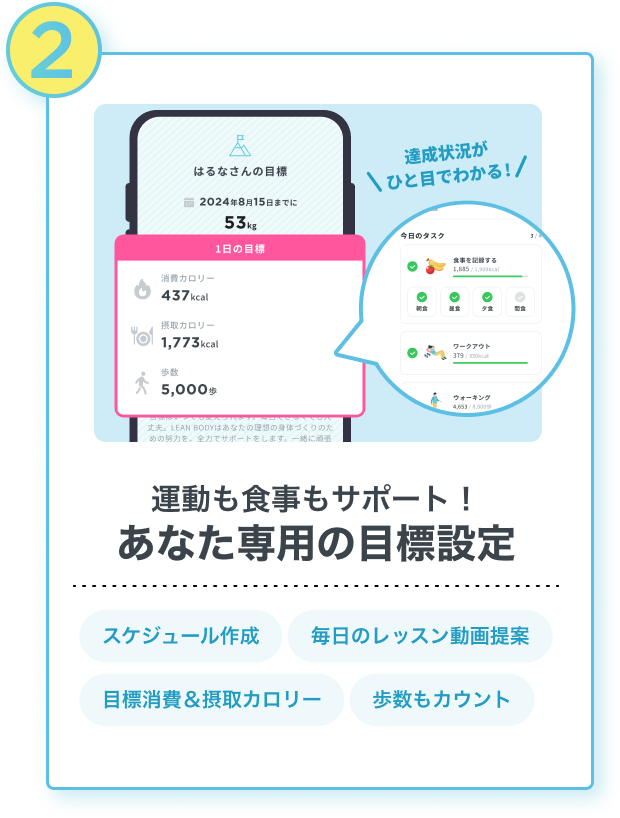 運動も食事もサポート！
                                あなた専用の目標設定